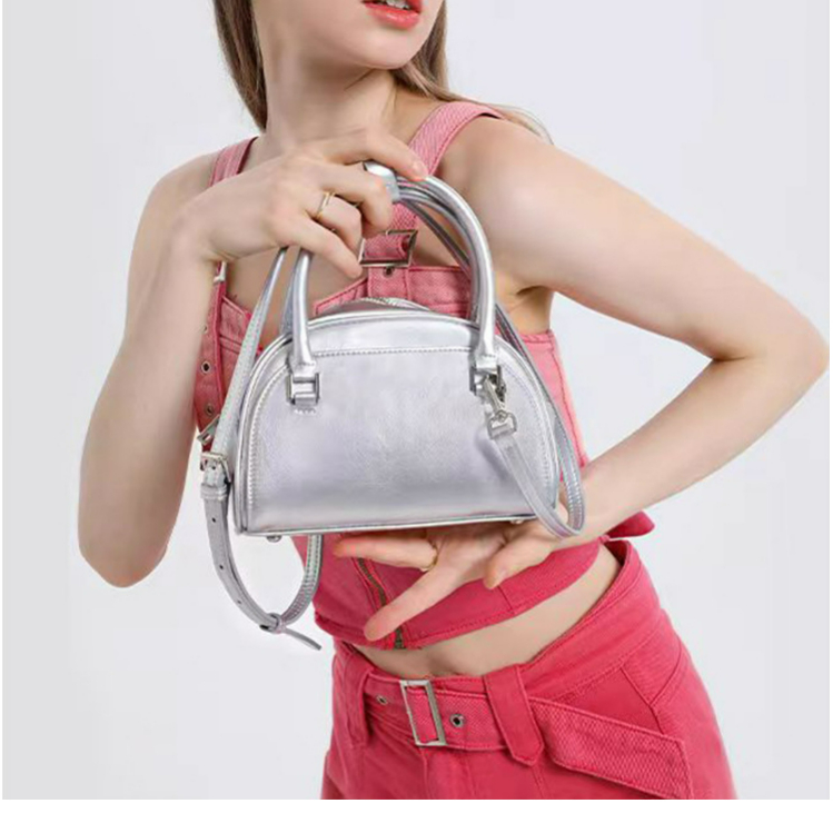 Genuine Leather Silver Small Women's Handbag Boston Bag