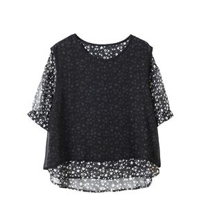 गर्म बिकने वाले पुष्प बुना हुआ क्रेप बुनाई सरल छोटे ब्लाउज क्रू गर्दन के गुब्बारा आस्तीन ढीले फिट मोती स्टड गर्मियों के लिए आकस्मिक - Product Image 5