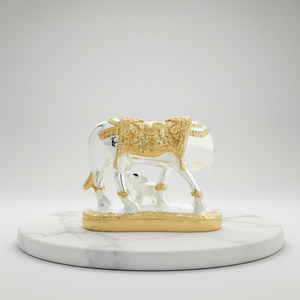White Silver-Plated Metal 3D Polished Cow Calf Om Symbol Handmade Modern Religious Antique Collectible Decorative Pooja <b>Mandir</b> - Product Image 3