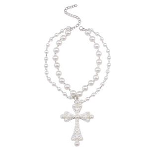 Fashion Layered Imitation Pearl <b>Cross</b> Necklace Black Geometric Alloy Clavicle <b>Chain</b> Multi Strand Statement Jewelry - Product Image 5