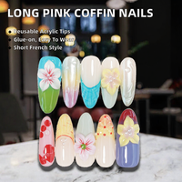Vente en gros usine : Faux ongles à presser de haute qualité, courts, forme cercueil et stiletto français, style rose sculpté 3D, réutilisables, très demandés pour l'été
