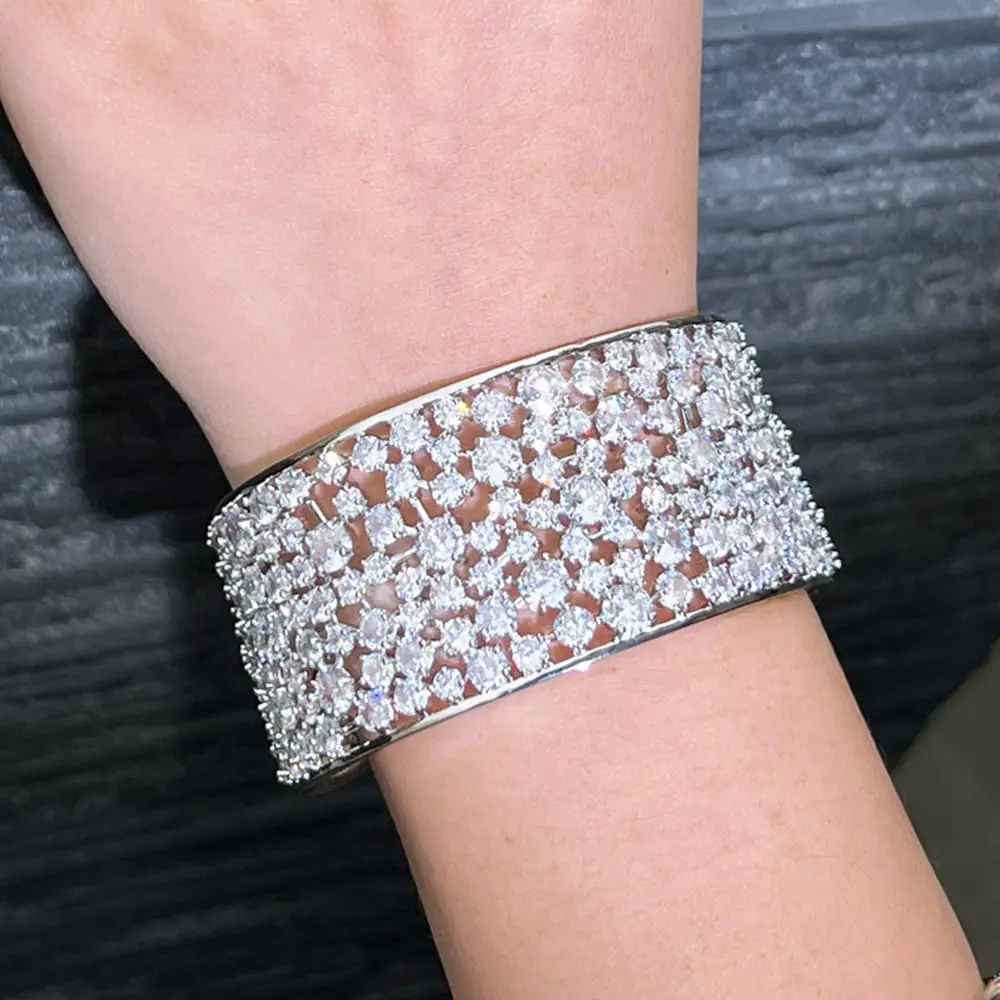 Genuine Silver Color White Round Cubic Zirconia Big Wide Chunky Dubai Wedding Jewelry Bridal Cuff Bangle Bracelet for Women