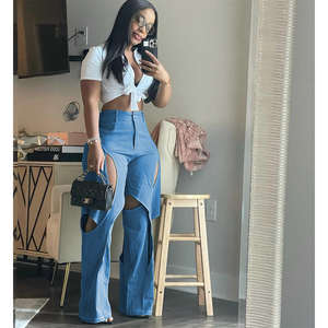 Pantalons décontractés pour femmes en gros, jeans en denim ajourés, pantalons amples grande taille, pantalons droits pour femmes - Product Image 2