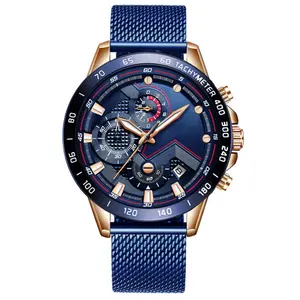 Top Kwaliteit Reloj De Moda Hombres Oem Horloge Blauw Rvs Mesh Band Chronograaf Luxe Horloge Heren