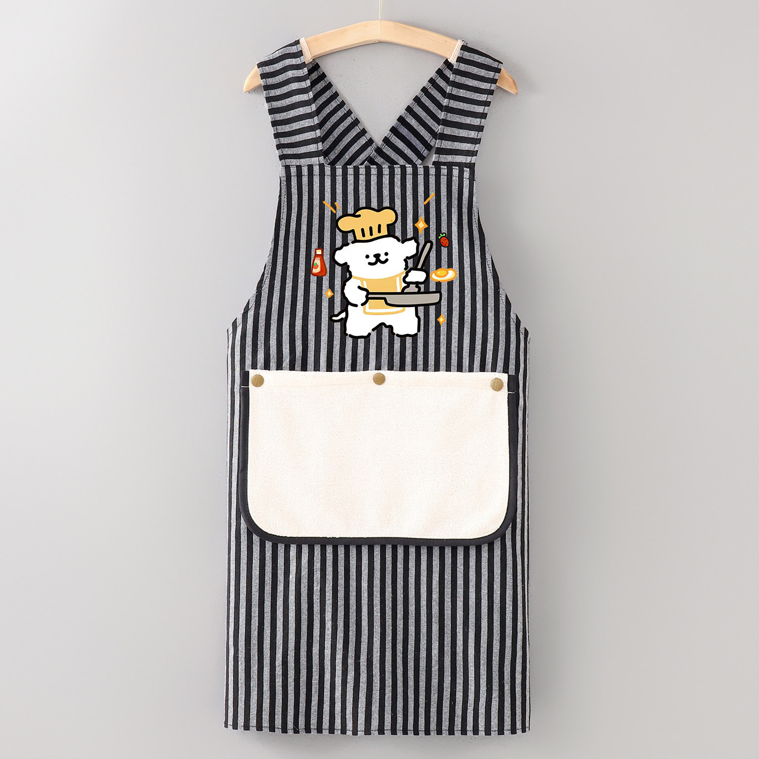 Toalla de cocina negra con diseño de perro, algodón a rayas, correa removible.