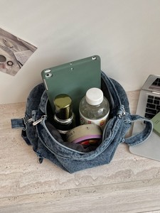Shallow Indigo Vintage Ribbon Tote <b>Bag</b> for Female <b>College</b> Students-Retro Literary Style Crossbody ZIP Closure Portable Design - Product Image 5