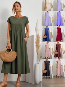 Abito lungo da donna a tinta unita con scollo rotondo, stile europeo e americano, a maniche corte, vita alta, con tasche laterali, casual estivo - Product Image 3