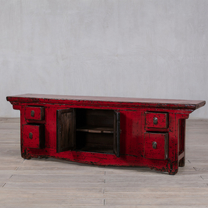 Meuble bas Wabi-Sabi en laque rouge délavée, console TV en bois d'orme vieilli avec finition usée - Product Image 4