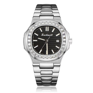 Suchwell Men's Quartz Watch Black Dial Stainless Steel Band Date Display Fashion Business Wristwatch - Product Image 1