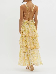 <span class=keywords><strong>Abito</strong></span> Lungo Estivo da Donna in Chiffon Floreale Giallo con <span class=keywords><strong>Spalline</strong></span> <span class=keywords><strong>Incrociate</strong></span>, Schiena Scoperta e Balze a Strati per Feste - Product Image 4