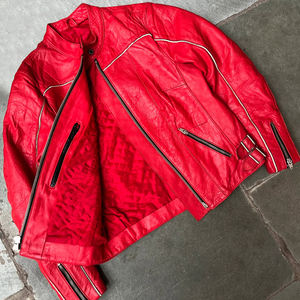 Jaket Balap Vintage Merah Berkualitas Tinggi Khusus Pria Kulit Asli dengan Patch Chenille Bordir Gaya Vintage Chaquetas - Product Image 2