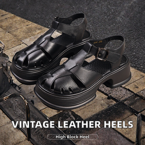 Sandales gladiateur vintage pour femmes 2025 à talon haut, bout rond, bride cheville, en cuir véritable, semelle intérieure respirante en PU, antidérapantes, été - Product Image 2