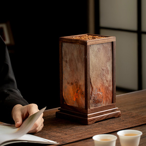 Lámpara de Mesa de Roca Inspirada en el Zen, Marco de Ébano, Base para Bombilla E27, Adorno Decorativo para Ceremonia del Té - Product Image 4