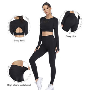 Dikişsiz 2 parça egzersiz kıyafetleri spor uzun kollu spor bayan Yoga kıyafeti kırpma üst + tayt atletik giyim seti - Product Image 6