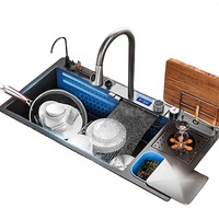 Évier de cuisine noir amélioré en acier inoxydable brossé nano, à cuve unique, avec robinet cascade extractible et poubelle intégrée, pour usage hôtelier