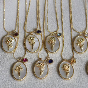Collier pendentif en pierre à fleurs du mois de naissance, 12 styles, à la mode, pavé de cuivre en laiton avec zircon, pendentifs en coquillages pour femmes et filles - Product Image 6