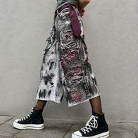 DiZNEW – Nouveaux shorts en jean déstructurés et déchirés pour hommes, style streetwear, coupe ample, superposés, rouges, BSCI