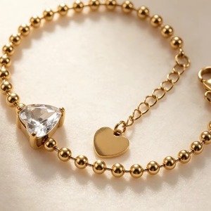 Bracciale a Catena con Perline in Acciaio Inossidabile per Donne, Bracciale con Charm Placcato Oro 18K, Impermeabile, con Cuore, Regolabile - Product Image 2