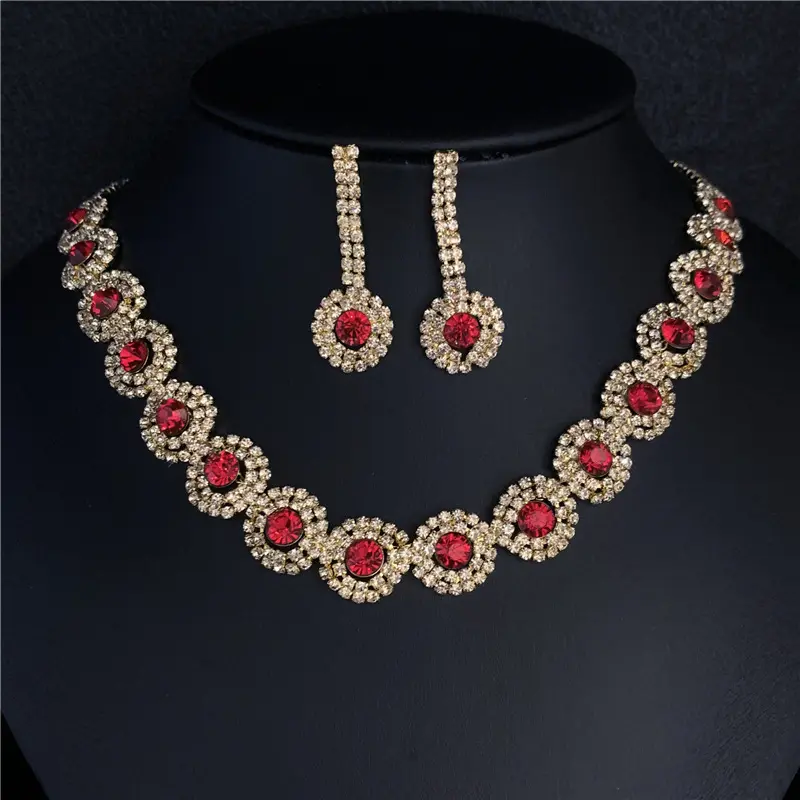 Hot Sale Iced Out Crystal Rhinestone Earrings Necklace Bridal Jewelry Sets Fine Round Ruby Pearl Necklace Indian Jewelry Set