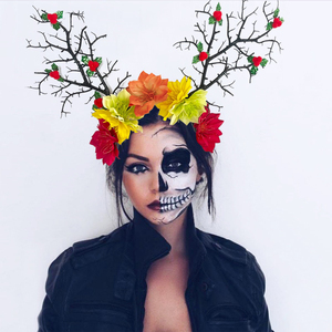 Diadema de Halloween Día de Muertos - Tocado gótico oscuro con ramas artificiales y flores coloridas para personas - Product Image 4