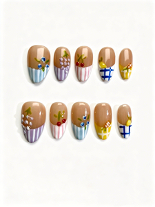 Ongles courts <span class=keywords><strong>en</strong></span> amande faits à la main, motif <span class=keywords><strong>arc</strong></span>-<span class=keywords><strong>en</strong></span>-<span class=keywords><strong>ciel</strong></span> <span class=keywords><strong>pastel</strong></span>, style français 3D, fruits fraise citron raisin, été, luxe, ongles <span class=keywords><strong>en</strong></span> gel artisanaux - Product Image 1