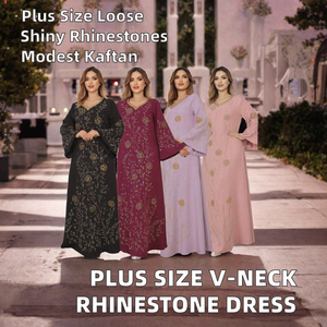 Plus Size V Neck Abaya <b>Dress</b> Women Loose Fit Polyester Jalabiya Long Sleeve Solid Color <b>Rhinestone</b> Embroidery Muslim <b>Dress</b> - Product Image 2