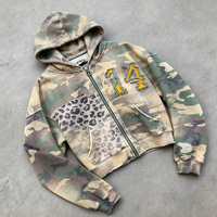 Sweat à capuche zippé vintage en molleton français pour homme, coupe oversize, imprimé personnalisé motif léopard camouflage, effet délavé et vieilli
