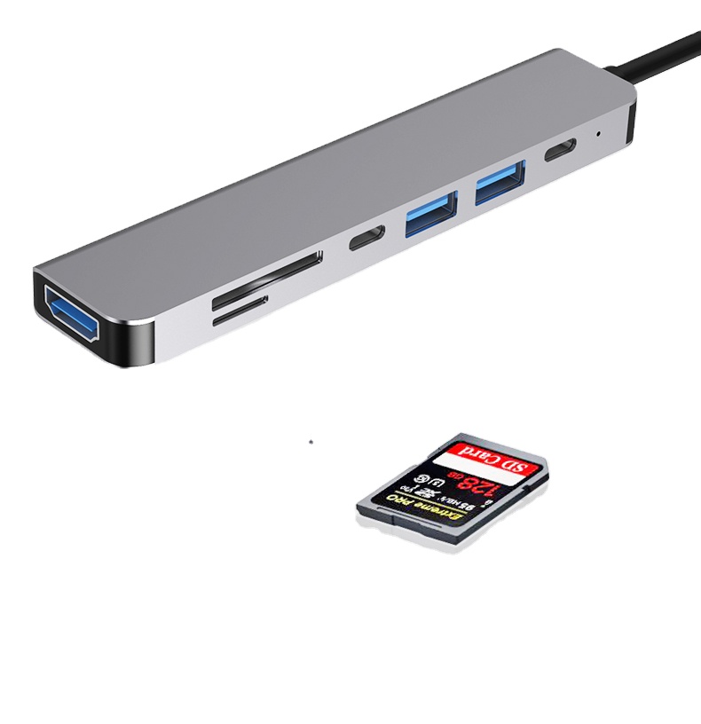 7 in 1 Usb-C HUB Adapter With 4k HD USB3.0 Tf/SD Card Reader PD100W Charging Aluminum Type C HUB