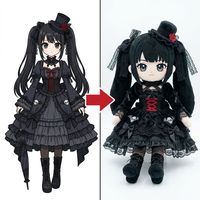 Poupée en peluche personnalisée style Gothic Lolita, cheveux longs noirs, mini-chapeau, dentelle à volants rouge, robe à étages imprimé crâne, design esquisse