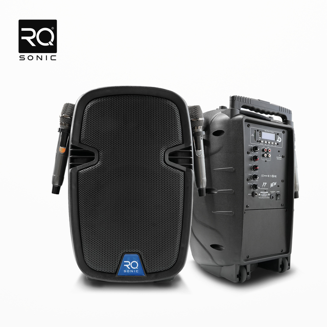 RQSONIC PMLT10ABH Battery Powered PA System Plastic Trolley Design Portable Professional Speakers with Two Wireless Mic