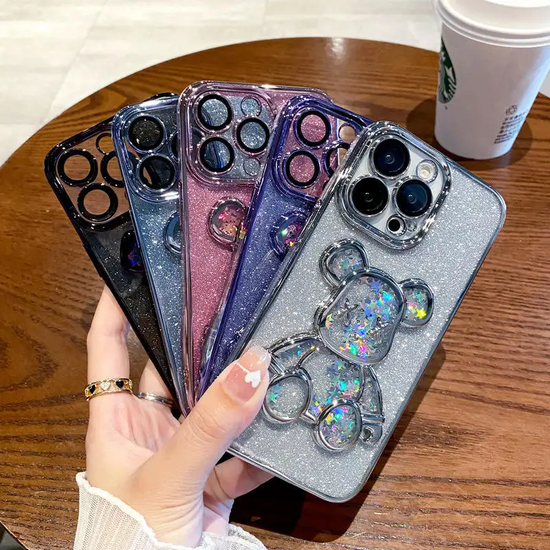 Luxury Fashion Creative Glitter 3D Electroplated Quicksand Violent Bear Phone Case Suitable for IPhone 12 13 14 Pro Max