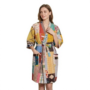 Vintage Dressing Gown Kimono Hand Stitch Cotton <b>Patchwork</b> Kantha Jacket Multi Colored Tie Belt Coat Winter Jacket - Product Image 1