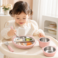 Baby Fütterungsschale Teller Becher Set Edelstahl Innen Silikon Außen Saugnapf-Basis Kleinkind Geschirr Entwöhnungs-Set BPA-frei