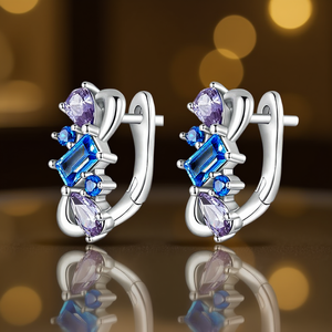 Orecchini a Cerchio Placcati Argento con Zirconi Blu e Viola Taglio Smeraldo, Design Geometrico per Donna, Gioielli alla Moda per Feste - Product Image 2
