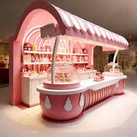 Airy Luxe Bakery & Coffee Market Stall Featuring Glass Display Case, Open Tiered Shelving, and Integrated Warm Lighting