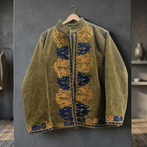 Chaqueta Bomber de Terciopelo Verde Oliva Boho Otoñal Hecha a Mano, Unisex, Vintage, Tradicional, Artesanal, Bordada, Abierta por Delante, Larga - Product Image 6