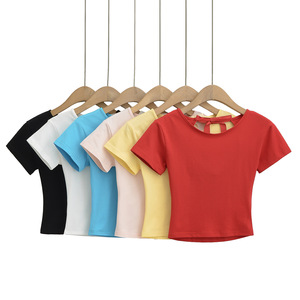 Camiseta de verano transpirable ligera Camiseta de manga corta <span class=keywords><strong>con</strong></span> cuello redondo ajustada <span class=keywords><strong>con</strong></span> detalle de cordones traseros Diseño de pajarita sin espalda - Product Image 1