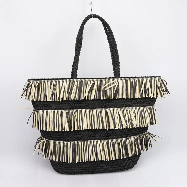 Fashion Design 3 Llayers Of Tassel Beach Bags Custom Paper Straw Woven Beach Bag Black Beach Bags 2022 For Summer Holiday
