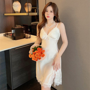 Pigiama Estivo da Donna 2023 in Seta con Imbottitura sul Petto, Sexy Lingerie in Pizzo, Camicia da Notte in Raso Tinta Unita per Ragazze - Product Image 6