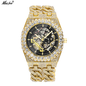 Luxury Cuban Link Chain <b>Skeleton</b> Mechanical <b>Automatic</b> <b>Watch</b> Gold Hip Hop Diamond Iced Out <b>Watches</b> Men Wrist - Product Image 1