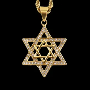 珠光宝气冰出珠宝六尖梅根犹太不锈钢大卫之星吊坠护身符项链