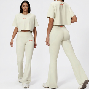 Women Solid 2PCS Yoga Set Crop Top High Waist <b>Pants</b> <b>Spandex</b> Cotton Breathable Full Length Crew Neck Short Sleeve Athletic Wear - Product Image 4