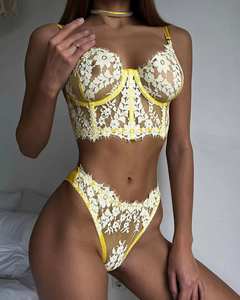 Yeni moda çiçek dantel şeffaf kadın seksi iç çamaşırı 2 parça sütyen ve külot setleri beyaz gelin iç çamaşırı - Product Image 6