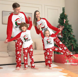 Conjunto de pijamas a juego con estampado de Papá Noel de Navidad, cuello redondo, manga raglán, ropa de descanso en contraste rojo y blanco - Product Image 1