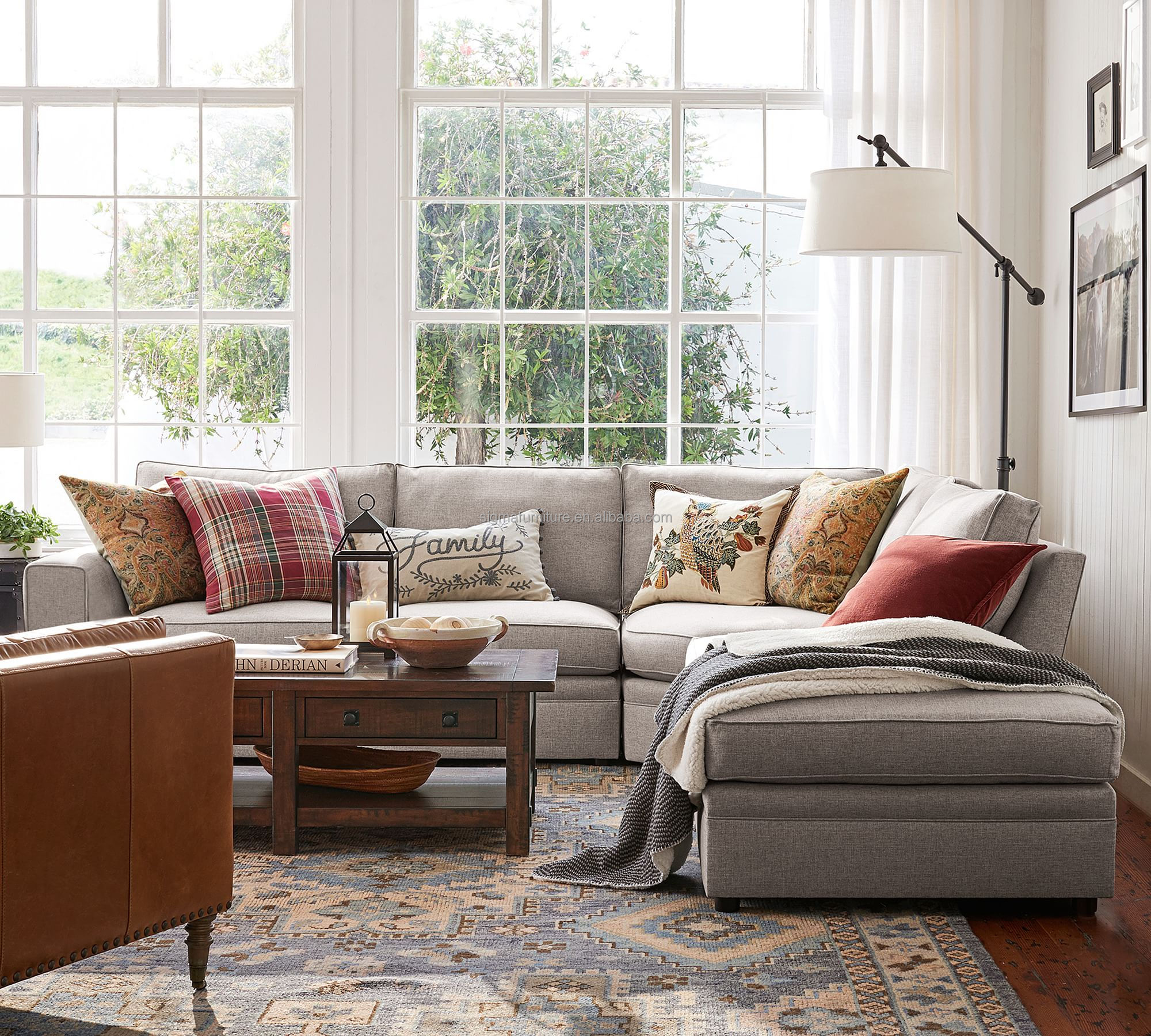 Luxury living room square arm upholstered 3-piece bumper sectional sofa set