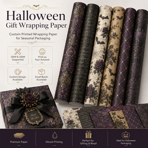 Papier cadeau en rouleau personnalisé, imprimé, style <span class=keywords><strong>classique</strong></span>, éco-responsable, avec gaufrage doré, pour emballages cadeaux d'Halloween et <span class=keywords><strong>de</strong></span> fête - Product Image 1