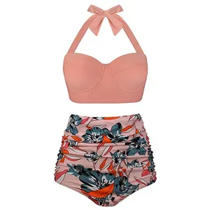 2019 Womens s-5xl dot Plus Size Swimsuit High Waisted Push up Halter Bikini Set