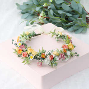 Simulation directe d'usine guirlande florale orange fête féerique coiffure de vacances papier rose bandeau couronne - Product Image 6