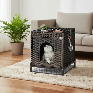 Mobilier pour chat en rotin tressé à la main 18,5x20,4x23,2 pouces avec pieds en métal, pour salon, servant également de litière pour chat - Product Image 2