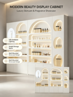 Vitrine de présentation murale LED écologique et durable pour cosmétiques, avec étagères creuses cintrées pour soins de la peau et parfums